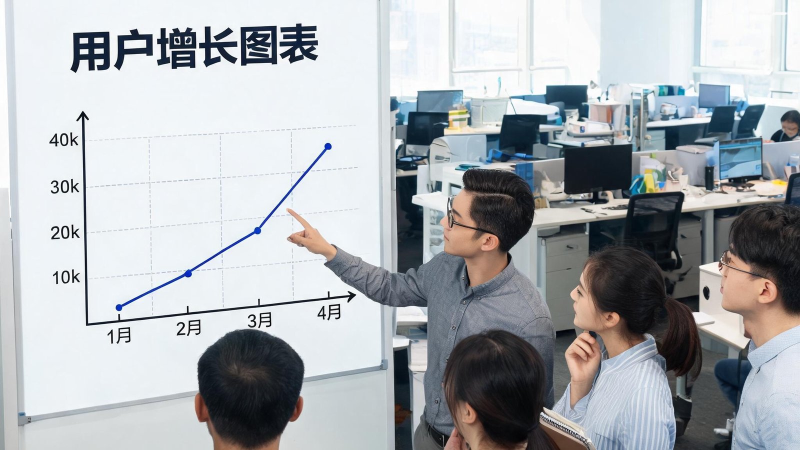 J9九游会团队成员在开放式办公室内讨论新游戏体验，白板上画着用户增长图表