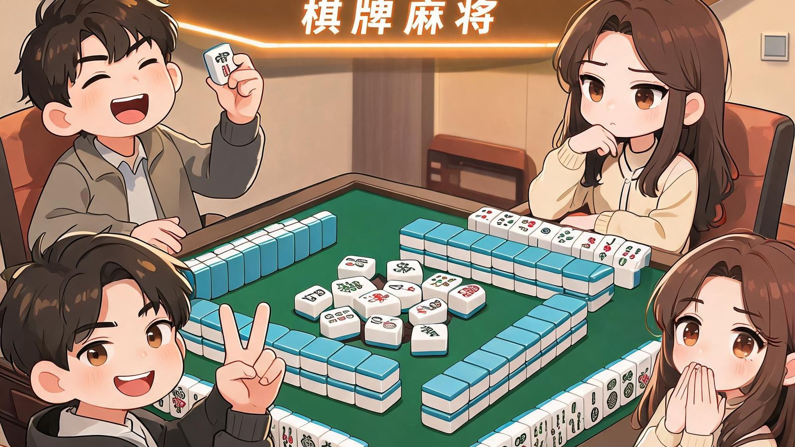 九游会平台棋牌游戏，四人麻将桌，玩家表情互动
