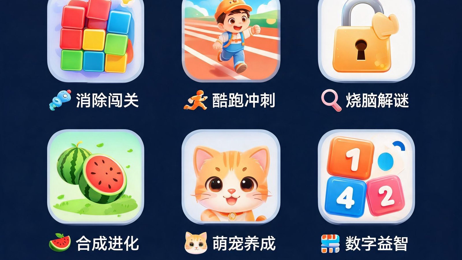 九游会平台休闲小游戏合集，消除、跑酷、解谜等图标排列